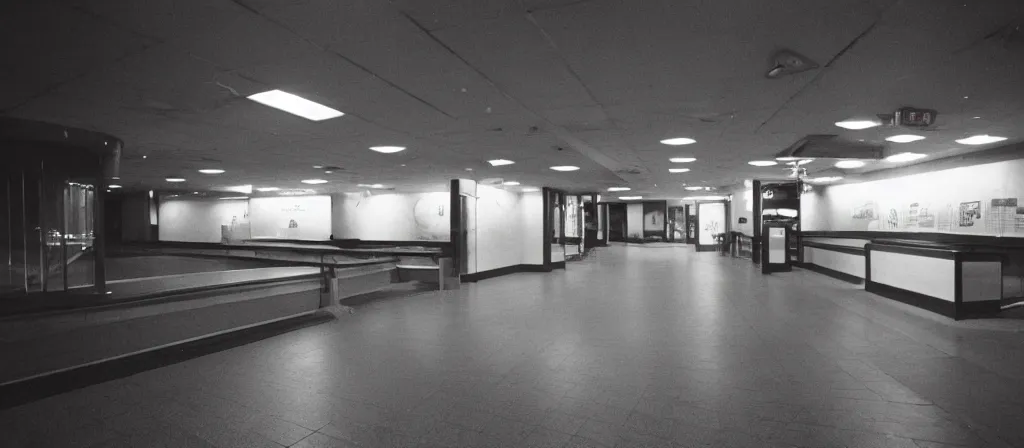 Prompt: circa 2 0 0 2 1 3 mm film photograph of an empty mcdonalds, liminal, dark, flash on, blurry, grainy, unsettling