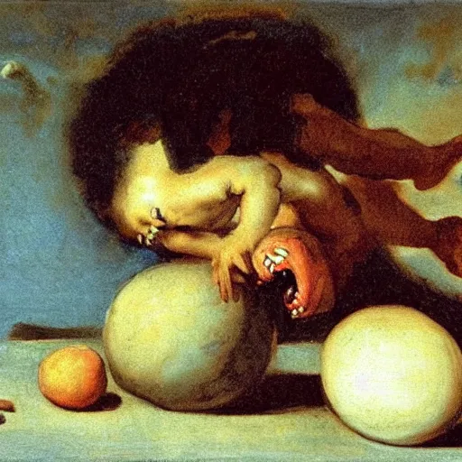 Image similar to saturn devouring his son, painting by francisco goya, peach