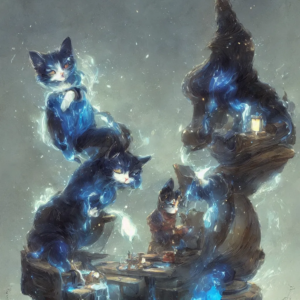 Image similar to anime cat with cloak sitting on a magical wood carved chair, super powers, glowing tiny blue lines, concept art, by greg rutkowski, overdetailed art