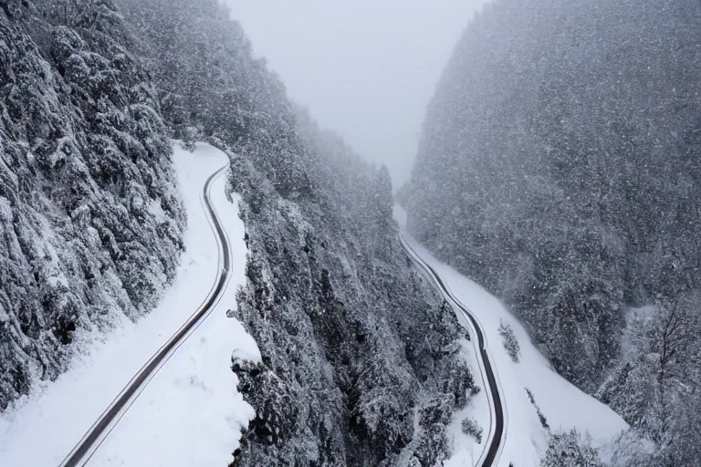 Image similar to a dangerous winding road route on an icy snowy cliff edge, blizzard, photo
