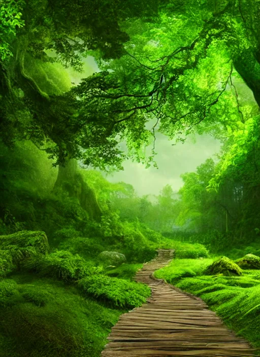 Image similar to a wooden path in the middle of a lush green forest, a detailed matte painting by john eyre, shutterstock contest winner, magical realism, enchanting, matte painting, mystical