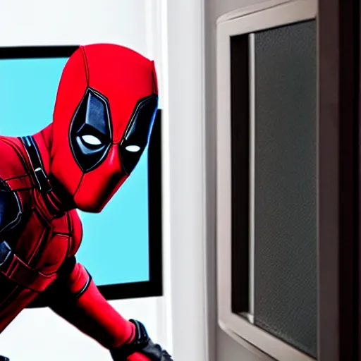 Image similar to deadpool trying to break into your room through the tv screen