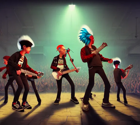 Image similar to 4 punks in school uniform with mohawks stand on stage with guitars and drums and microphones and yell day, foreground fight of ravers and punks, by marc simonetti, tyler edlin, deviantart, ray tracing, octane render, digital art, realistic, high quality, 8 k