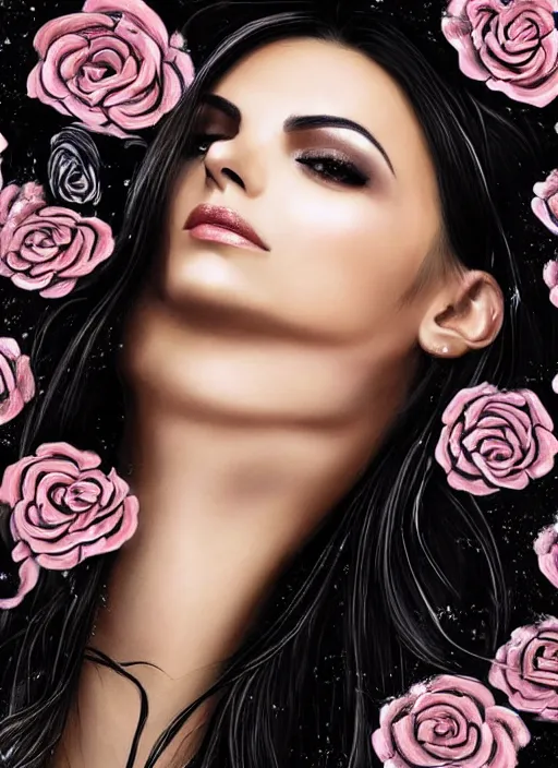 Image similar to amazingly complex portrait of Victoria Justice laying in a bed of black roses as a goddess staring curiously at you. soft detailed painting at 16K resolution and amazingly epic visuals. epically beautiful image. amazing effect, image looks gorgeously crisp as far as it's visual fidelity goes, absolutely outstanding. vivid clarity. ultra detail. iridescent. mind-breaking. mega-beautiful pencil shadowing. beautiful face. Ultra High Definition. soft shading. soft texture. intensely beautiful.