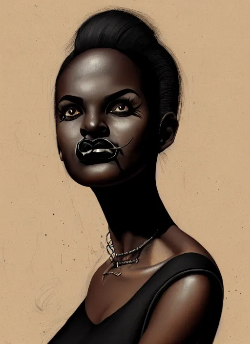 Prompt: portrait of a dark skinned woman with a crooked nose and a confident expression, 1 9 6 0 s, black clothes, goth, punk, funk, intricate, elegant, highly detailed, digital painting, artstation, concept art, smooth, sharp focus, illustration, art by wlop, mars ravelo and greg rutkowski