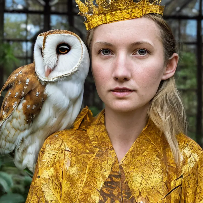 Image similar to portrait photograph of an extremely beautiful!!!! young female , symmetric face!, symmetric round detailed eyes!!, slight smile, natural light, wearing a yellow kimono!! with a very detailed barn owl! on her shoulder in a tropical greenhouse. looking at the camera!!. golden crown made of golden leaves. super resolution. Extremely detailed. Graflex camera!, bokeh!!!!! trending on artstation.