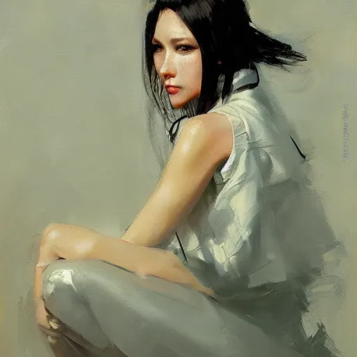 Image similar to greg manchess painting of an anime woman, direct flash photography at night, ruan jia