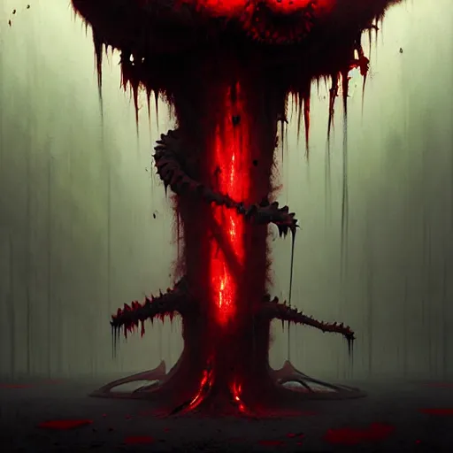 Image similar to disturbing grunge image of a demon infested fungus, 2 meters tall. horror airbrush art, by atey ghailan, by greg rutkowski, by greg tocchini, by tom bagshawred, white, red, black, crimson and grey color scheme