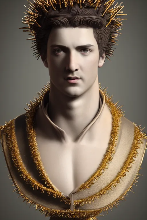 Image similar to a realistic porcelain full-head baroque style bust of handsome young Spanish brunette prince with a spiky hair and a crown made of colored pipecleaners, suspended in outer space, photorealism, octane render, depth of field, 8k, 35mm, artgem, Trending on artstation, padding above head