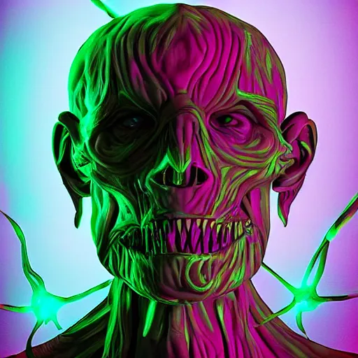 Prompt: human mutating into a monster, digital art, glowing