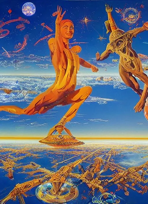 Image similar to a visual depiction of astral projection, large scale painting by robert mccall and vladimir kush