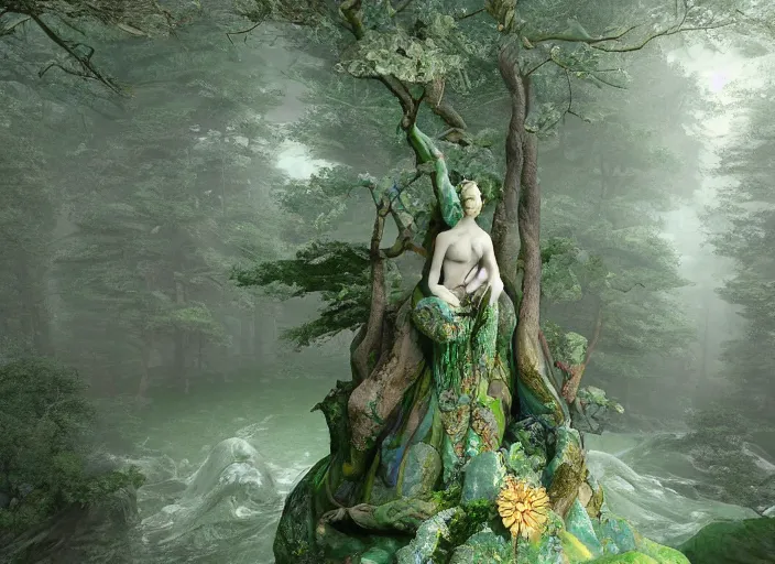 Image similar to an idealistic marble statue with fractal flowery hair and fair porcelain face and green eyes, in a magical forest, painted by, mc escher, gordon onslow ford, georgia o'keeffe and ivan aivazovsky, cinematic light, god rays, colourful, unreal engine, zbrush central,