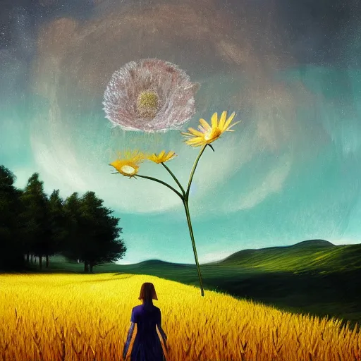 Prompt: giant daisy flower as a head, girl walking in wheat field, hills, surreal photography, dark night, star trails, dramatic light, impressionist painting, clouds, digital painting, artstation, simon stalenhag