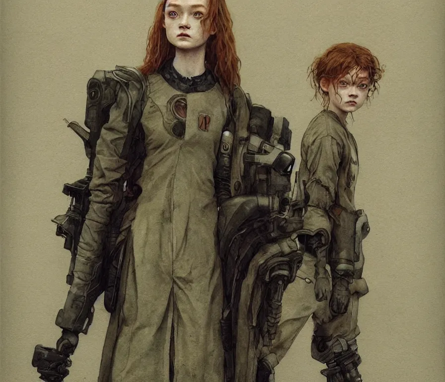 Image similar to sadie sink dressed in oversized school uniform : costume concept for a scifi cyberpunk film. by greg rutkowski, greg staples, elsa beskow, gustave courbet, rosa bonheur. sharp focus, cinematic atmosphere, detailed and intricate, perfect anatomy