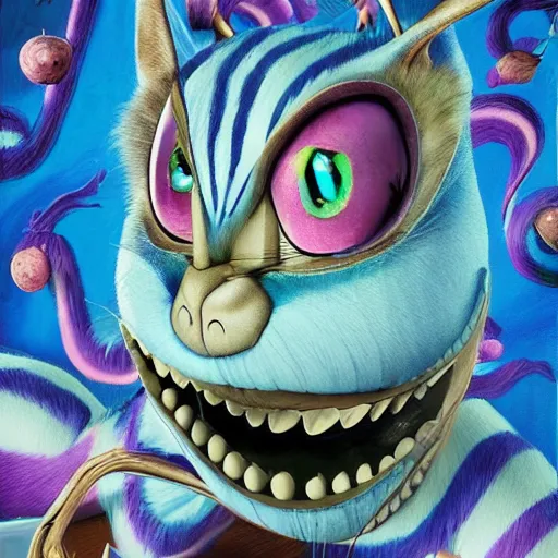 Prompt: the cheshire cat grinning, alice in wonderland, pixar, highly detailed intricate painting