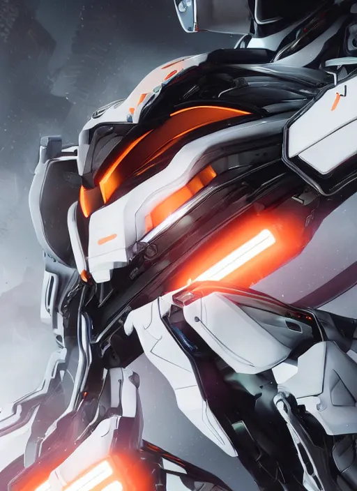 Image similar to a Photorealistic dramatic hyperrealistic full frame render of a Sleek futuristic exosuit Freedom Formula Racing Mech,Ultra realistic details,glossy white metal,Orange racing stripes,weathered surfaces,by Hidetaka Tenjin,Yoh Yoshinori,Yoji Shinkawa,Masamune Shirow,Beautiful dramatic dark moody tones and lighting,cinematic atmosphere,studio lighting,shadows,dark background, Octane render,8K