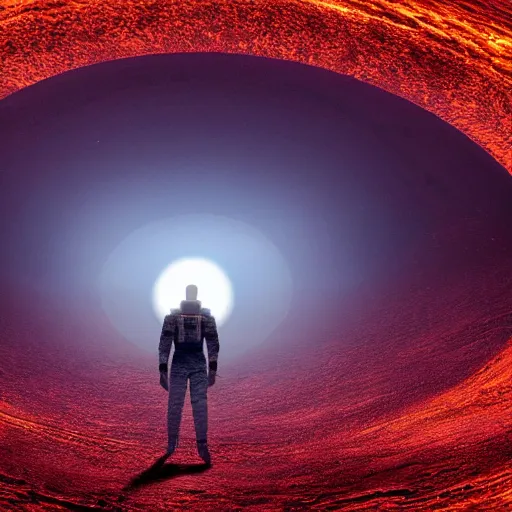 Image similar to astronaut standing in front of an eerie alien cathedral on a dystopian planet with a vortex made of obsidian floating in the red sky above, realistic