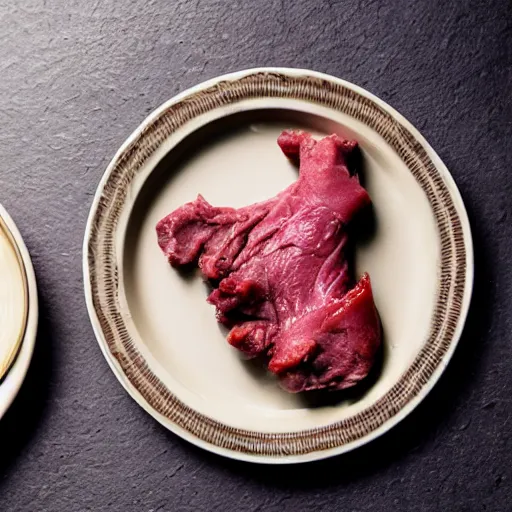 Image similar to A plate of human flesh, body parts, food photography, restaurant