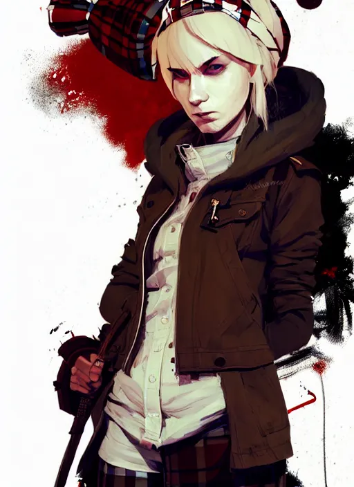 Prompt: highly detailed closeup portrait of a sewer punk swedish female assassin student, tartan cloak, blonde hair with headband by atey ghailan, by greg rutkowski, by greg tocchini, by james gilleard, by joe fenton, by kaethe butcher, gradient red, black, brown and white color scheme, grunge aesthetic!!! white graffiti tag wall background