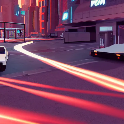 Prompt: point perspective illustration, neon city photorealistic render unreal engine 5, delorean hovers in the foreground