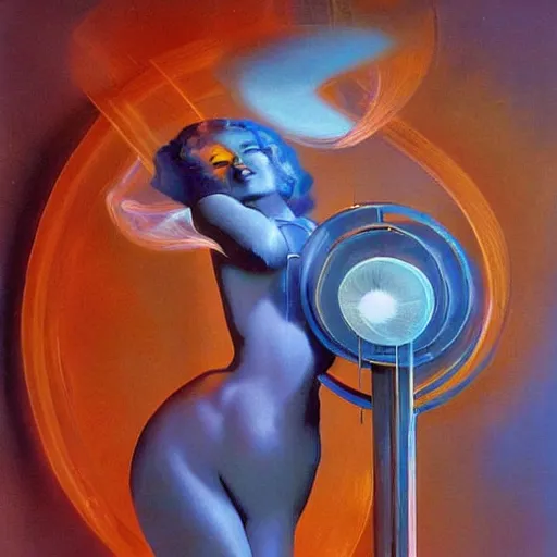 Image similar to A kinetic sculpture. A rip in spacetime. Did this device in his hand open a portal to another dimension or reality?! light blue by Rolf Armstrong composed