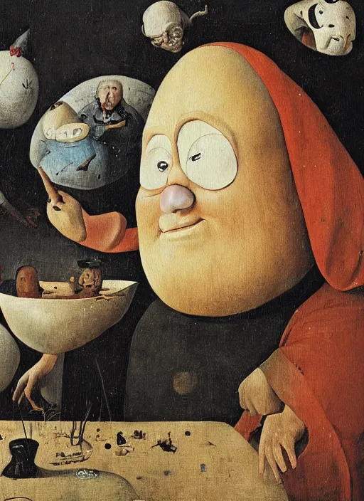 Image similar to full body detailed painting of silly round humpty dumpty with jack black facial expression, realistic, hieronymus bosch