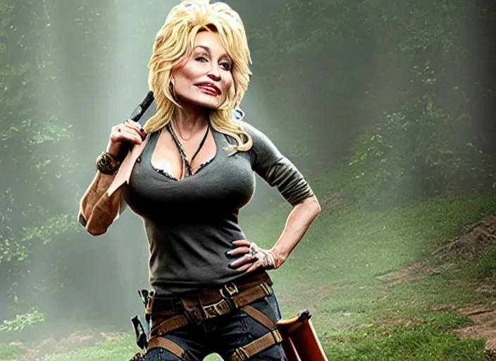 Image similar to film still of!!!! dolly parton!!! as lara croft in new tomb raider movie, 8 k