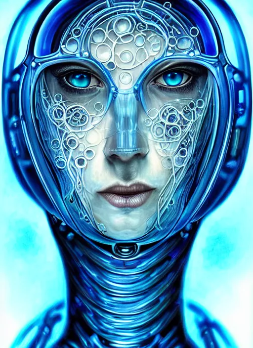 Prompt: biopunk cyborg portrait by julie bell, intricate biopunk patterns, mesmerizing blue eyes, glass bubble helmet, underwater, detailed!, very sharp!!!