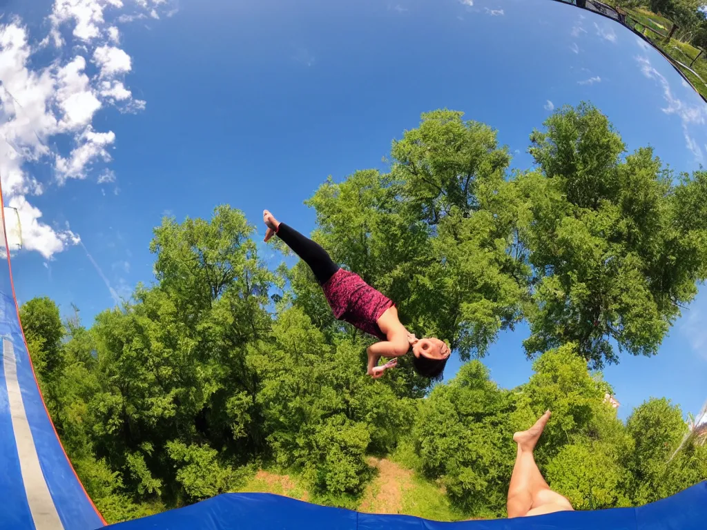 Prompt: being on a trampoline, point of view, tilted horizon, seeing suburban neighborhood everywhere around