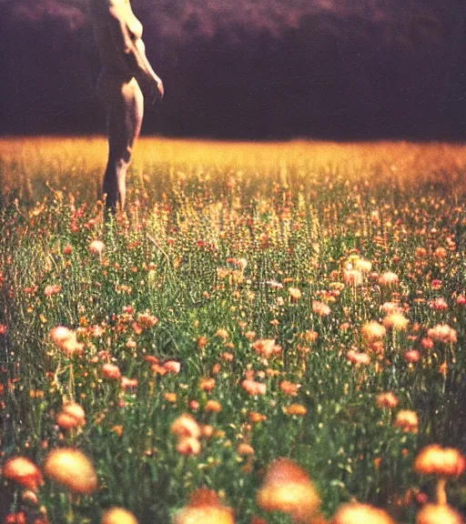 Image similar to mystical death god standing in tall meadow of flowers, distant, vintage film photo, grainy, high detail, high resolution