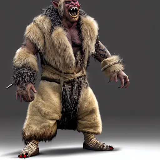 Prompt: A full body shot of an ugly orc threateningly staring into the camera wearing a fur jacket, full body shot, artstation, realistic, highly detailed, symmetrical, hyper realism, high detail, octane render, unreal engine, 8k, Vibrant colors