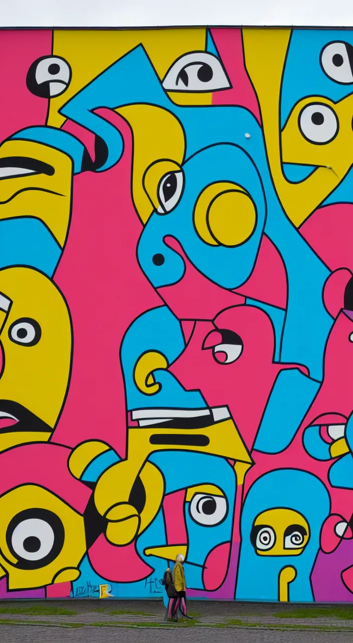 Prompt: mural by thierry noir on the berlin wall, wearing ffp!!! 2 masks, photorealistic