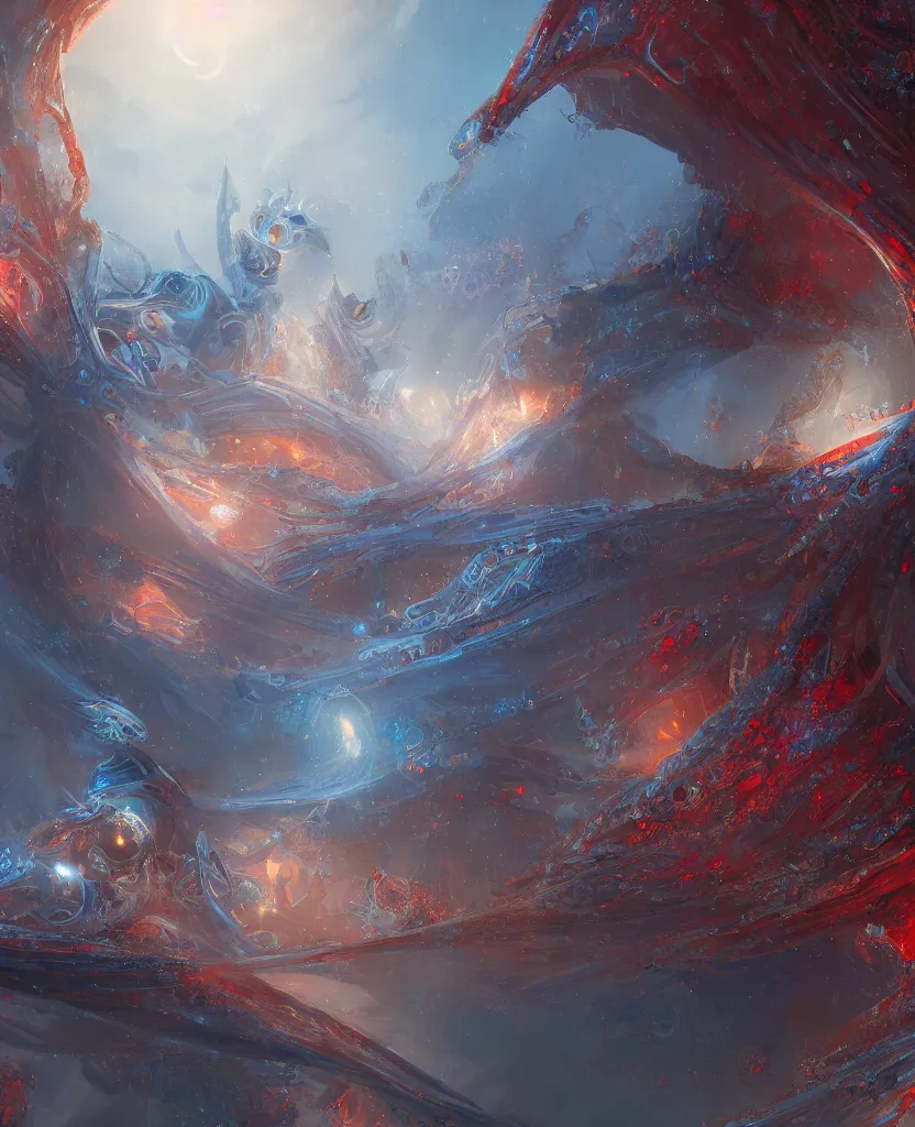 Prompt: structure of the oracle, blue colors with red accents, intricate and ornate, highly detailed fantasy digital painting by jessica rossier