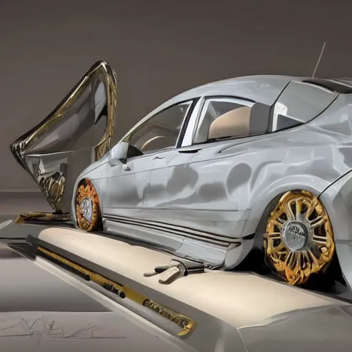 Image similar to sci-fi sport car f1 hatchback transport design organic smooth elastic forms 20% of canvas on the front; background wall structure on the coronation of napoleon painting 20% of canvas; by Jacques-Louis David, pinterest keyshot product render, cloudy plastic ceramic material shiny gloss water reflections, ultra high detail ultra realism, 4k