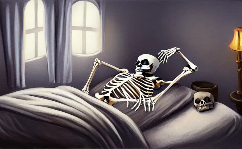 Image similar to matte oil painting of a skeleton dressed in pajamas and nightcaps and robes and slippers inside of a comfy bedroom, sleepy, cozy