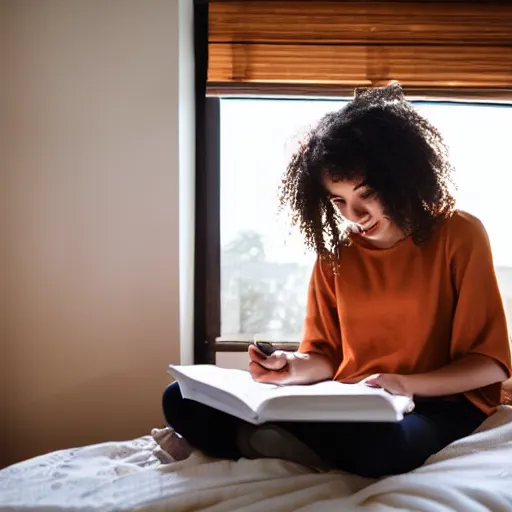 Image similar to Girl studying in her room while listening to music.