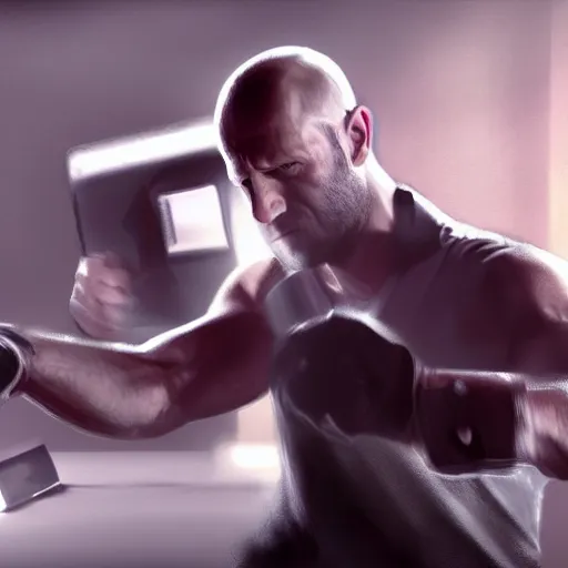 Image similar to jason statham fighting a computer, half body shot, path traced, fight scene, highly detailed, high quality, digital painting