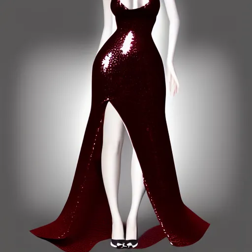 Prompt: a curvy feminine pale goth cutie with a thin waist in a tight red-black leather sequined tube gown, cgsociety, photorealistic, sublime-comforting ambience, 16k, smooth, sharp focus, trending on ArtStation, volumetric lighting, fully clothed, worksafe