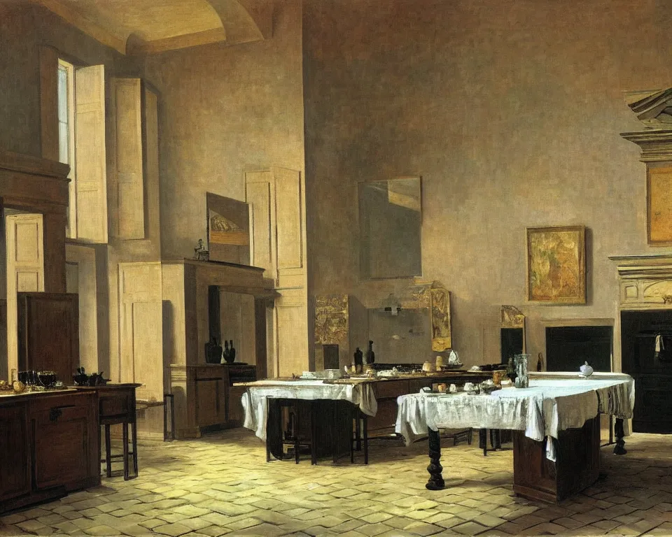 Image similar to achingly beautiful painting of a sophisticated, well - decorated kitchen on warm background by rene magritte, monet, and turner. giovanni battista piranesi.