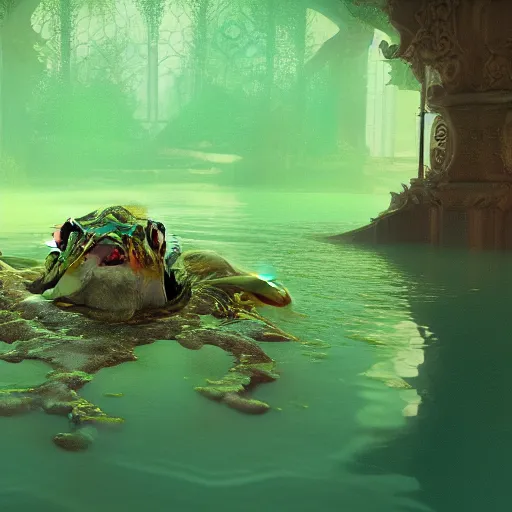 Image similar to beautiful symmetrical an old silent pond frog jumps into the pond splash! silence again, surrounded by machine axonometric fantasy intricate elegant highly detailed in volumetric void of latent space lush flowers surround, realm of the gods golden turquoise steampunk, high contrast cinematic light, mystical shadows, octane render, photographic, concept art, art high renaissance art, unreal engine 8 k