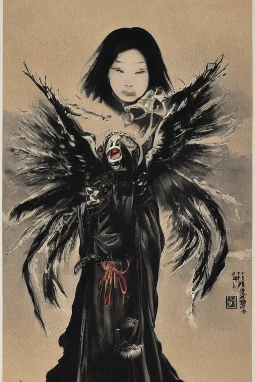 Image similar to angel of death smiling in the dark night, art by takeshi ohbata, tsugumi ohba, takeshi miike, raden saleh