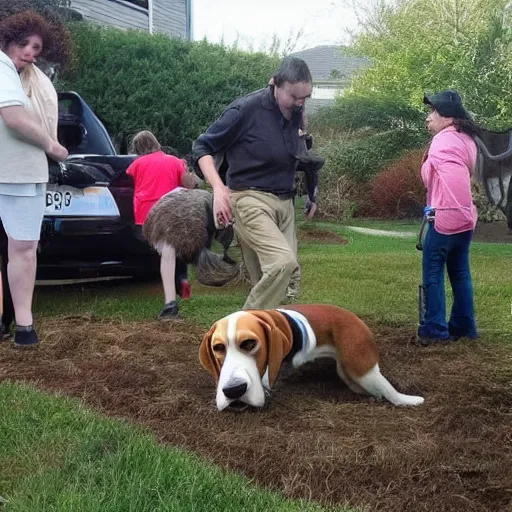 Prompt: photo of gigantic beagle hit the ground and people scaping, eagle view