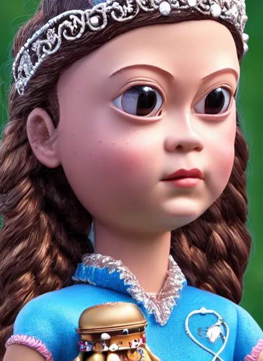 Image similar to closeup face profile portrait of tin toy greta thunberg as a fairytale princess wearing a crown eating cakes, bikini, depth of field, zeiss lens, detailed, symmetrical, centered, fashion photoshoot, by nicoletta ceccoli, mark ryden, lostfish, breathtaking, 8 k resolution, extremely detailed, beautiful, establishing shot, artistic, hyperrealistic, octane render