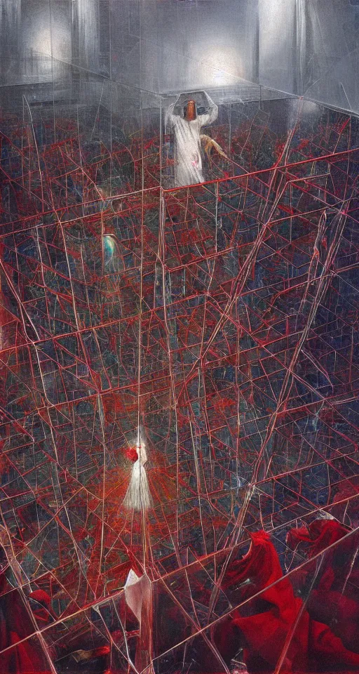 Prompt: seen through shattered glass, worshippers in red robes touching a very complex gigantic glass tesseract violently illuminating a small glass room with glass windows, reflections and refractions, very bright white light, small room!!, closeup!!, very harsh lighting, high detailed beksinski painting, part by adrian ghenie and gerhard richter. masterpiece, bright white