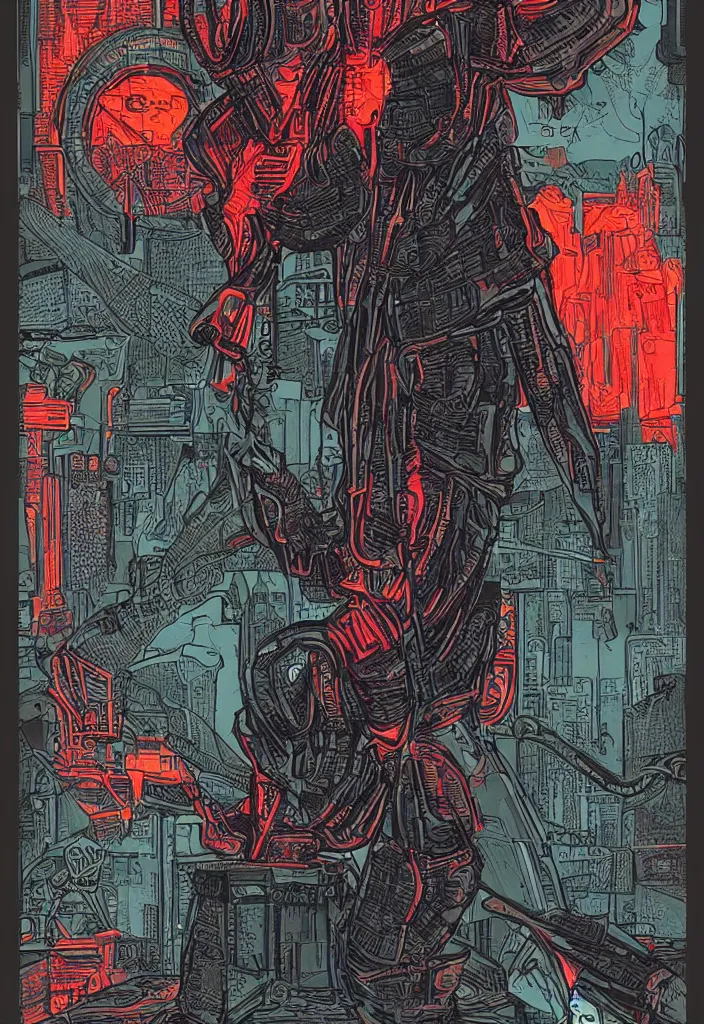 Prompt: the devil as a cyberpunk tarot card