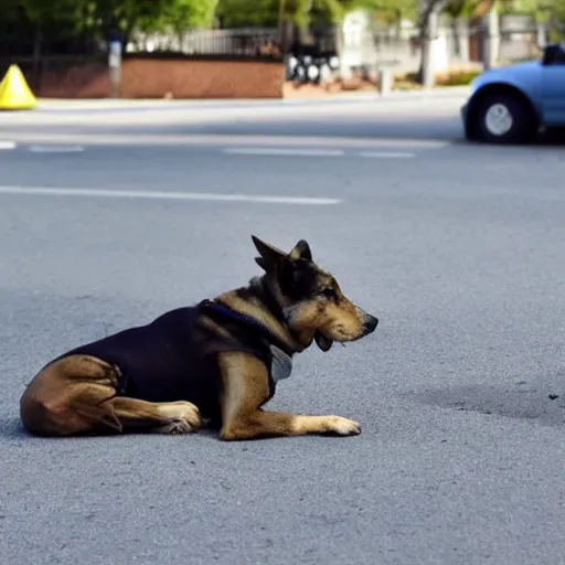 Prompt: A wounded dog in the middle of the street is a sad sight. The dog may have been hit by a car or may have been injured in some other way. If you see a wounded dog in the street, it is important to call animal control or the police so that the dog can be taken to a safe place and receive medical attention