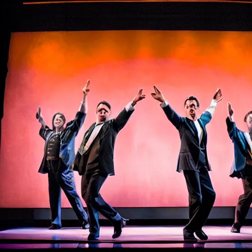 Image similar to award winning Production photo of Ben Shapiro the musical on broadway, dancing, singing, costumes by Julie Taymor, set design by Julie Taymor