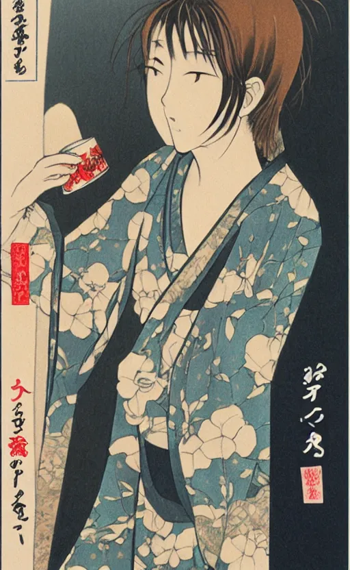 Image similar to by akio watanabe, manga art, girl is drinking sake and look outside of window, trading card front, kimono, realistic anatomy, sun in the background