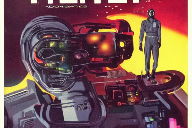 Prompt: 1979 OMNI Magazine Cover of a dental technician. in cyberpunk style by Vincent Di Fate