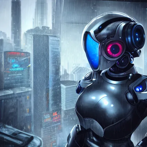 Prompt: An epic fantastic ultrarealism comic book style portrait painting of a female cyber armor airforce by artgerm, black and blue silver color armor, cyberpunk feel raining at tokyo rooftop, Concept world Art, unreal 5, DAZ, 8k, hyperrealistic, octane render, cosplay, RPG portrait, dramatic lighting, rim lights